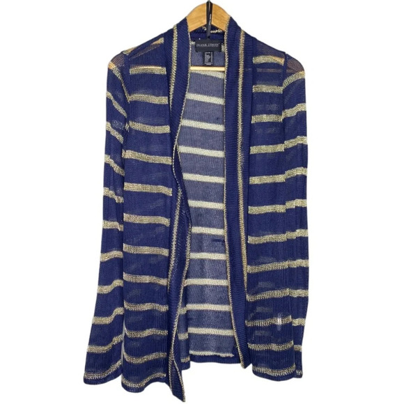 Frank Lyman Design Navy Blue Gold Striped Open Knit Cardigan Women's Size 12 - Picture 1 of 7